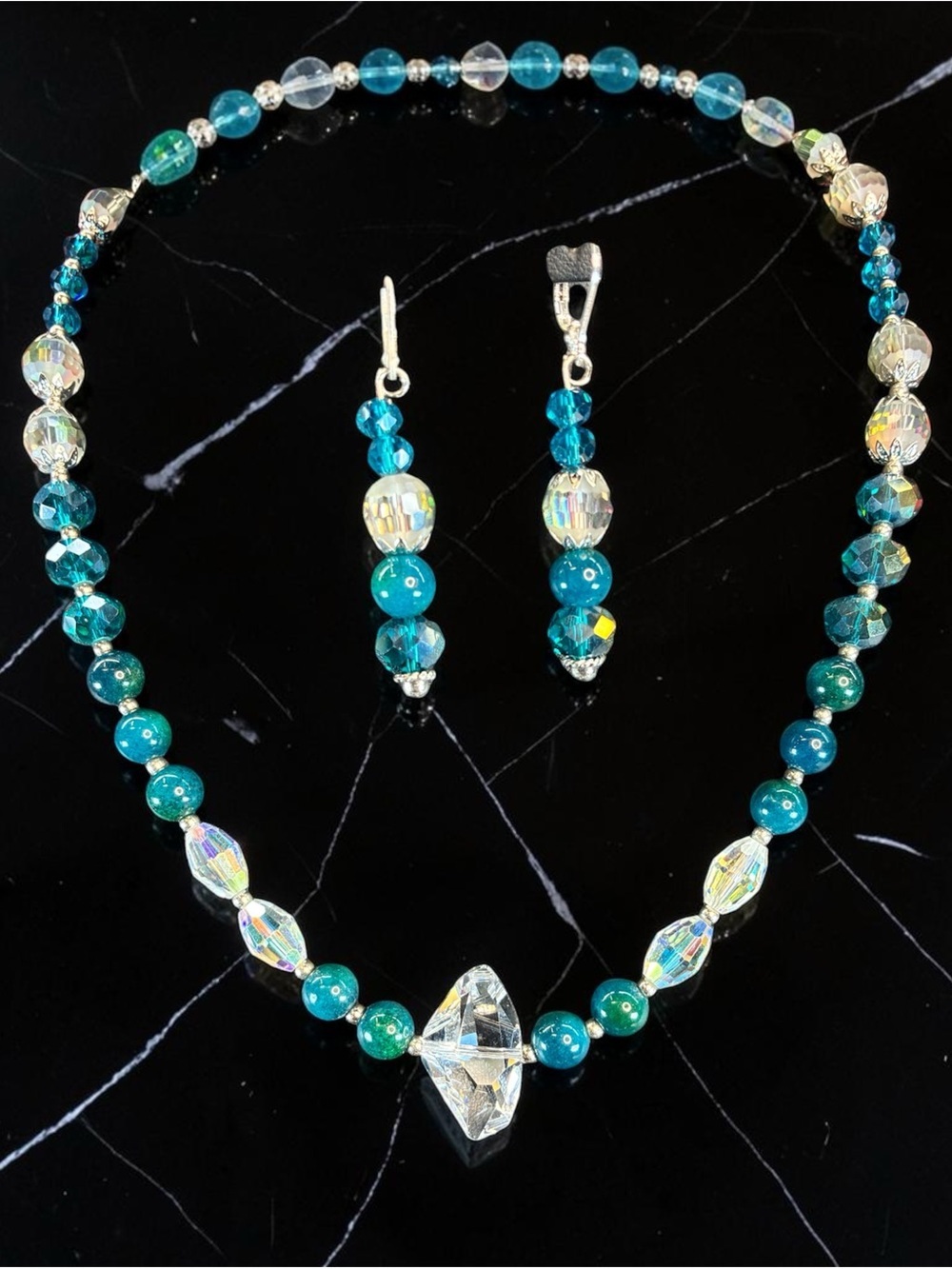 Teal Crystal Bead Necklace and Earring Set